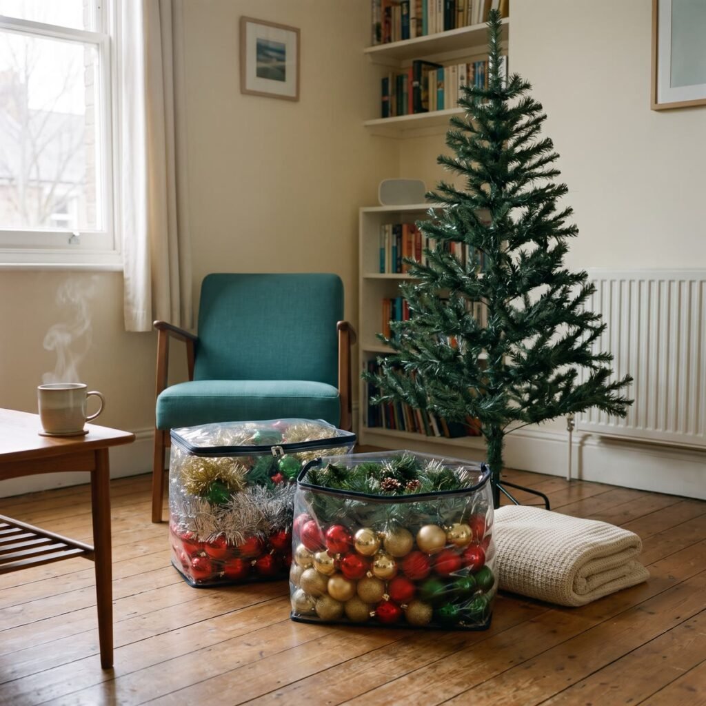 A calm, bright living room in January with Christmas baubles and garlands packed into two clear soft-sided storage bags beside a bare artificial tree, a folded knitted throw and a mug of tea.