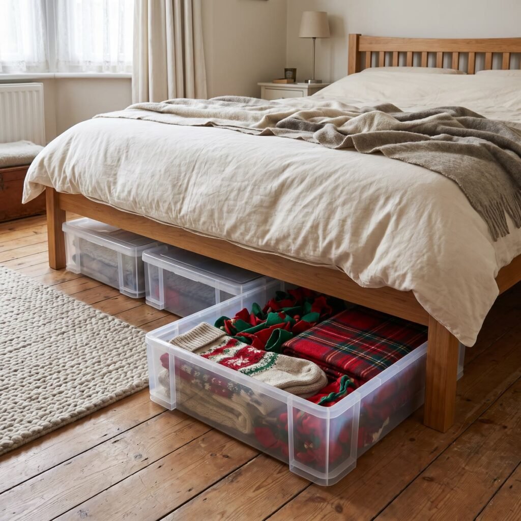 Clear, low storage boxes slid under a double bed, with one pulled out to show folded Christmas stockings, garlands and a tartan throw inside.