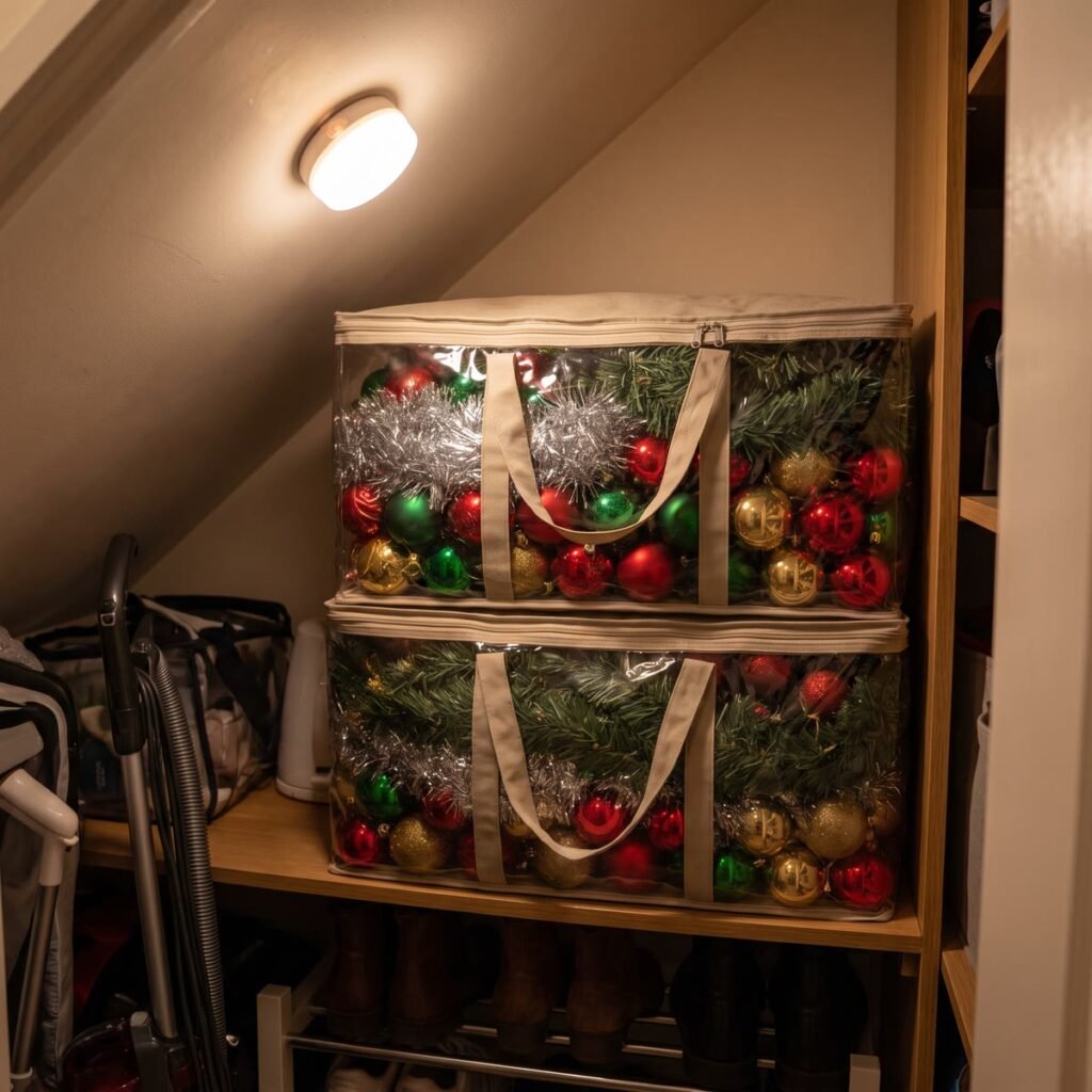 wo clear soft-sided storage bags full of baubles, tinsel and garlands, stacked neatly inside an under-stairs cupboard.