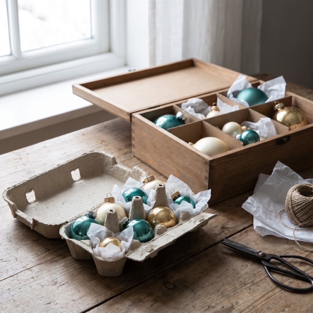 Small glass baubles tucked into a reused egg box and larger baubles in a wooden box with dividers, some wrapped in white tissue paper.
