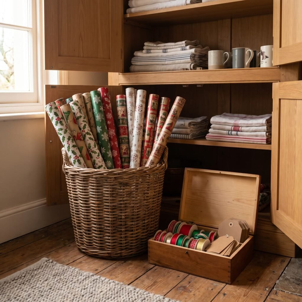 Rolls of Christmas wrapping paper standing upright in a tall woven basket inside a cupboard, next to a small wooden box of ribbons and gift tags.