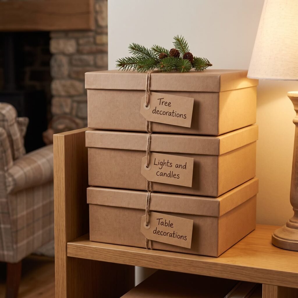 Three stacked cardboard storage boxes with handwritten kraft labels reading "Tree decorations", "Lights and candles" and "Table decorations".